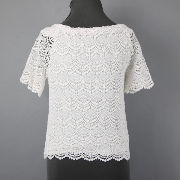 Talbots Petites Sz Sp White Scallop Lace Sheer Sleeve Cotton Blend Lined Top