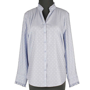Chicos NEW $90 Sz 1 Blue Ruffle Trim Dot DoNo Iron 100% Cotton Shirt Top