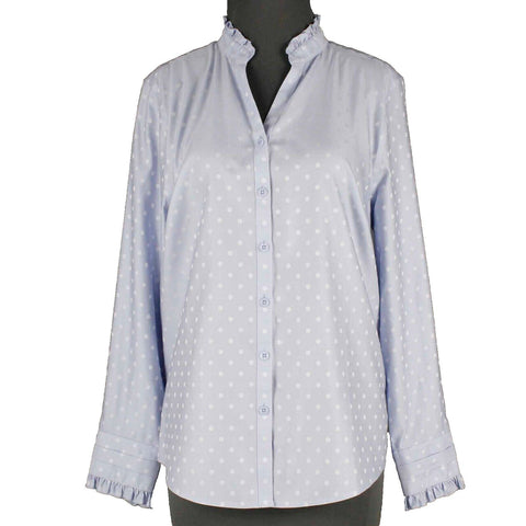Chicos NEW $90 Sz 1 Blue Ruffle Trim Dot DoNo Iron 100% Cotton Shirt Top