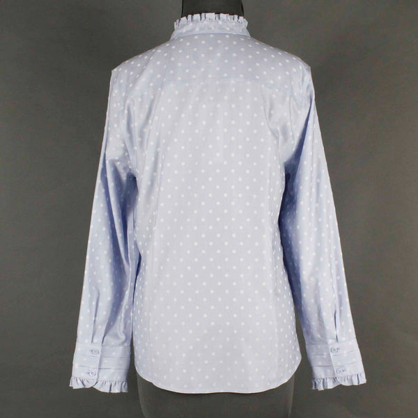 Chicos NEW $90 Sz 1 Blue Ruffle Trim Dot DoNo Iron 100% Cotton Shirt Top