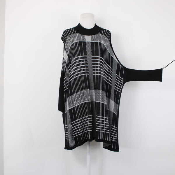 Joseph A Sweater Sz L Black Gray Pullover Collared Tunic 100% Rayon Sweater