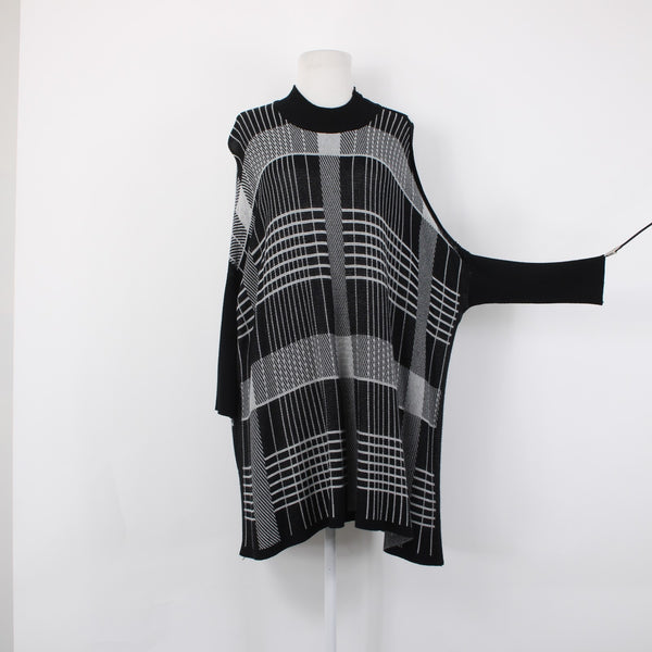 Joseph A Sweater Sz L Black Gray Pullover Collared Tunic 100% Rayon Sweater