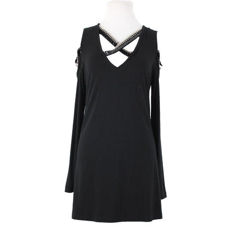 Rock N Karma SZ M? Black Silver Cold Shoulder Beaded Sequin Lycra Rayon Dress