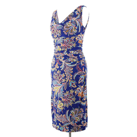 Lauren Ralph Lauren Sz 2 Royal Blue Multi Color Ruched Drape Vee Neck Poly Dress