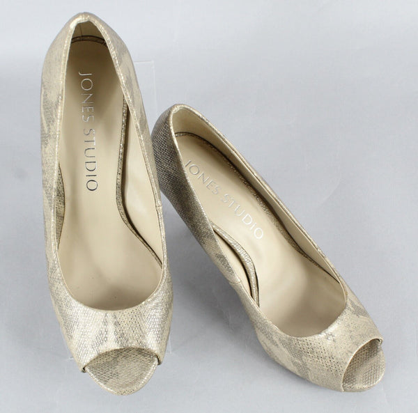 Jones Studio Sz 6.5M Tan Silver Multi Open Toe Manmade 3.5" High Heels
