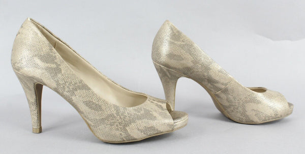 Jones Studio Sz 6.5M Tan Silver Multi Open Toe Manmade 3.5" High Heels