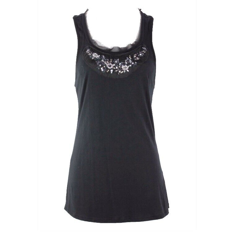 Elle Sz XS Black Racer Back Tulle Sequin Beaded Bib Pima Cotton Blend Top
