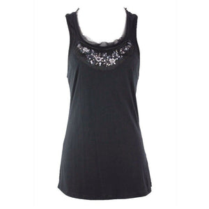 Elle Sz XS Black Racer Back Tulle Sequin Beaded Bib Pima Cotton Blend Top