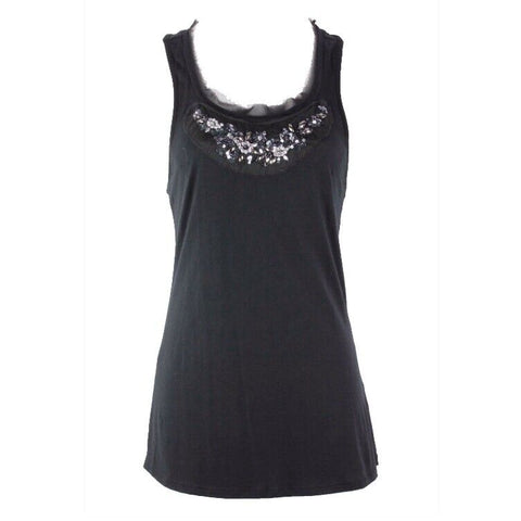 Elle Sz XS Black Racer Back Tulle Sequin Beaded Bib Pima Cotton Blend Top