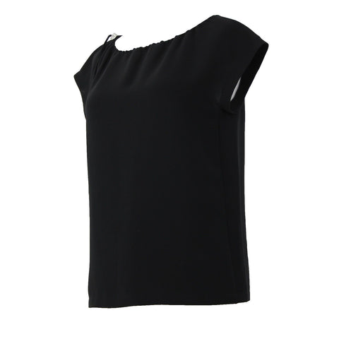 'S Max Mara Sz 4 Black Drawstring Neckline Triacetate Polyester Cap Sleeve Top