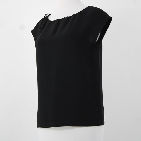 'S Max Mara Sz 4 Black Drawstring Neckline Triacetate Polyester Cap Sleeve Top