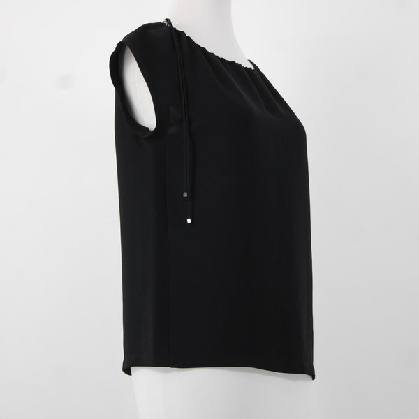 'S Max Mara Sz 4 Black Drawstring Neckline Triacetate Polyester Cap Sleeve Top
