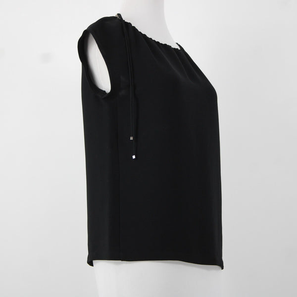 'S Max Mara Sz 4 Black Drawstring Neckline Triacetate Polyester Cap Sleeve Top