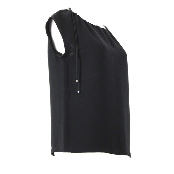 'S Max Mara Sz 4 Black Drawstring Neckline Triacetate Polyester Cap Sleeve Top