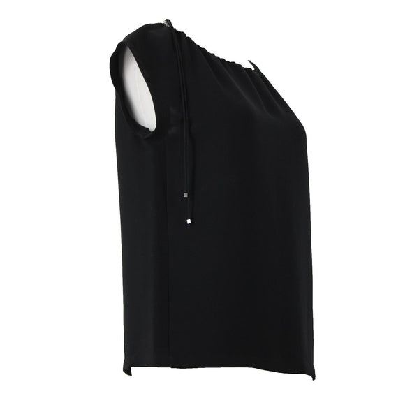 'S Max Mara Sz 4 Black Drawstring Neckline Triacetate Polyester Cap Sleeve Top