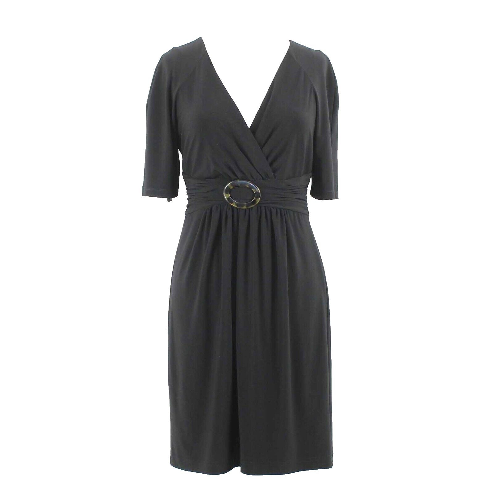 Jones New York Sz 6 Black Lined Ruch Waist Buckle V Neck Poly Blend Dress