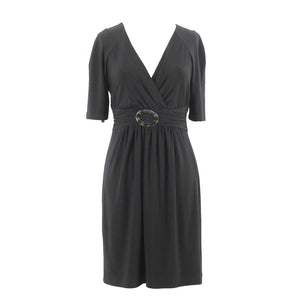 Jones New York Sz 6 Black Lined Ruch Waist Buckle V Neck Poly Blend Dress