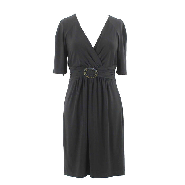 Jones New York Sz 6 Black Lined Ruch Waist Buckle V Neck Poly Blend Dress