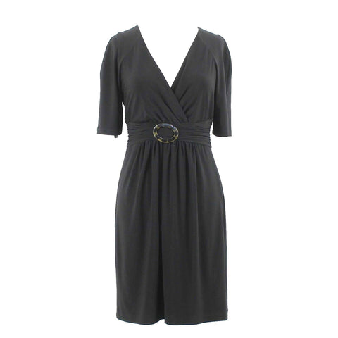 Jones New York Sz 6 Black Lined Ruch Waist Buckle V Neck Poly Blend Dress