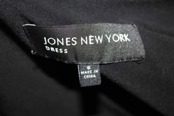 Jones New York Sz 6 Black Lined Ruch Waist Buckle V Neck Poly Blend Dress