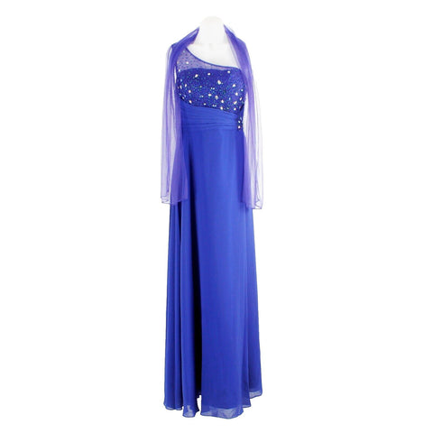 FabuLuxe NEW Sz XL Blue Beaded One Shoulder Lined Long Poly Tulle Accent Dress