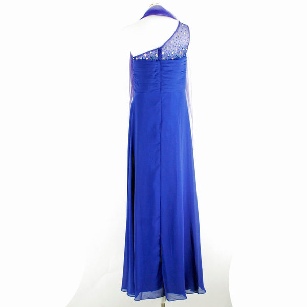 FabuLuxe NEW Sz XL Blue Beaded One Shoulder Lined Long Poly Tulle Accent Dress