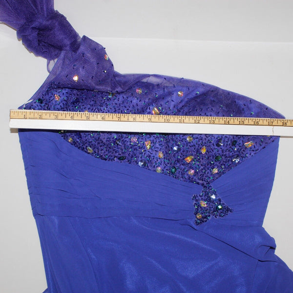 FabuLuxe NEW Sz XL Blue Beaded One Shoulder Lined Long Poly Tulle Accent Dress