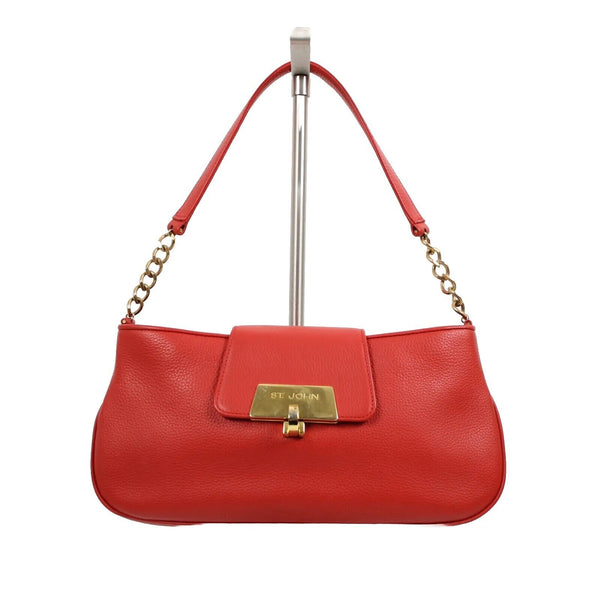 St John Logo 12 x 7 x 2.5 Red Gold Hardware Leather Evening Shoulder Purse