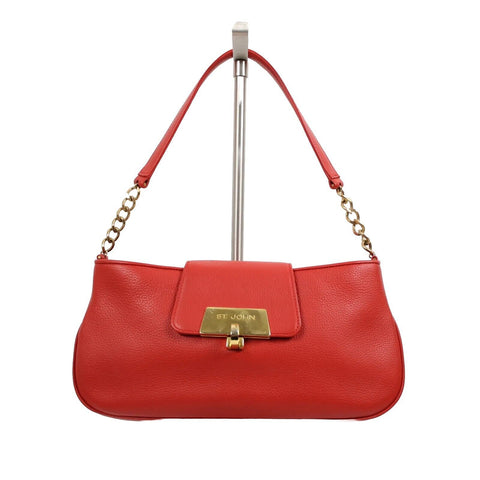 St John Logo 12 x 7 x 2.5 Red Gold Hardware Leather Evening Shoulder Purse
