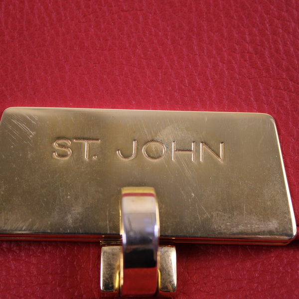 St John Logo 12 x 7 x 2.5 Red Gold Hardware Leather Evening Shoulder Purse