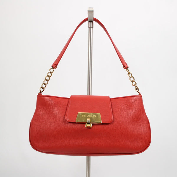 St John Logo 12 x 7 x 2.5 Red Gold Hardware Leather Evening Shoulder Purse