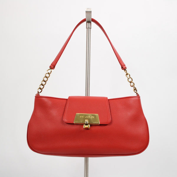 St John Logo 12 x 7 x 2.5 Red Gold Hardware Leather Evening Shoulder Purse