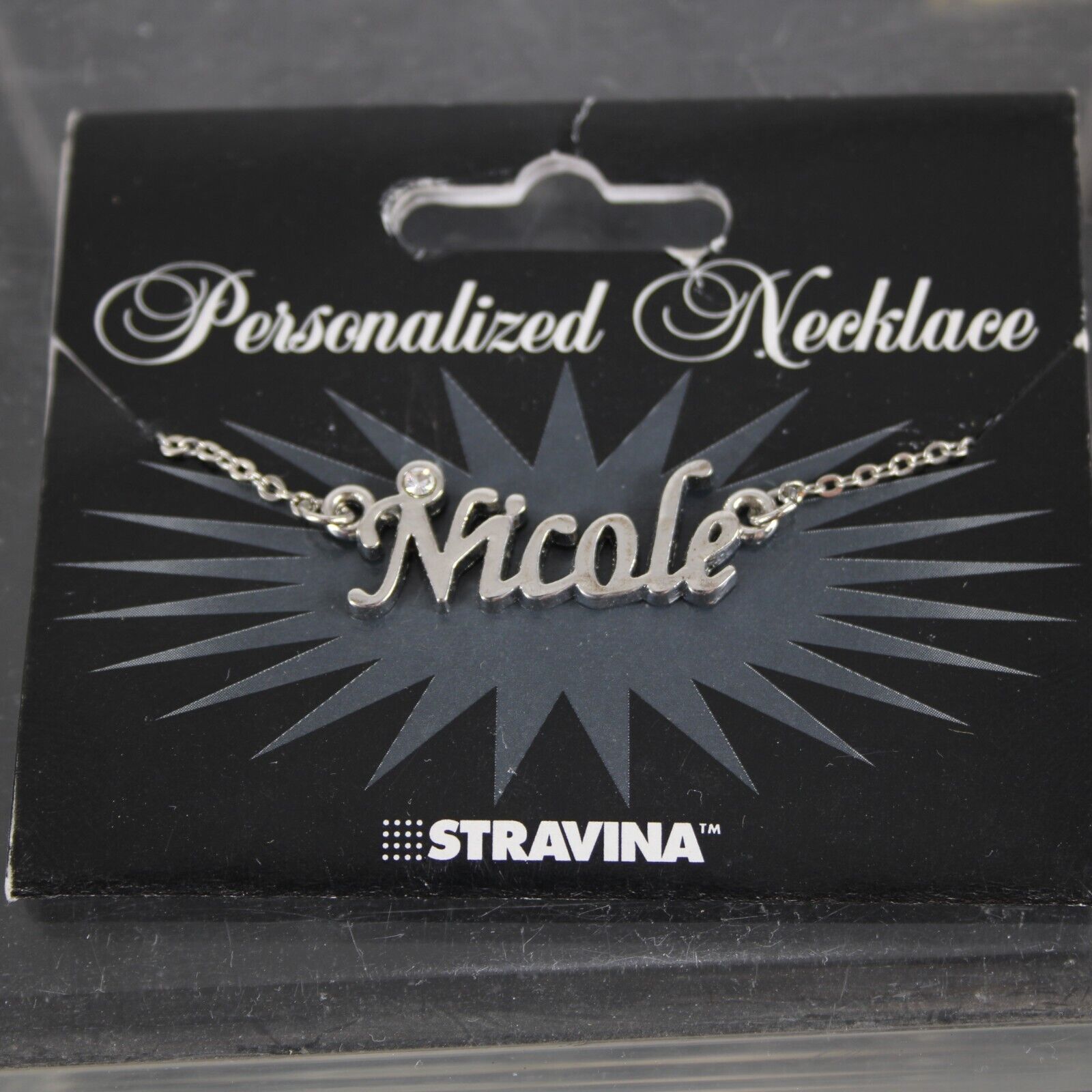 NICOLE Name Silvertone Rhinestone 14.5" w 4.5" Multi Ring Ext Necklace