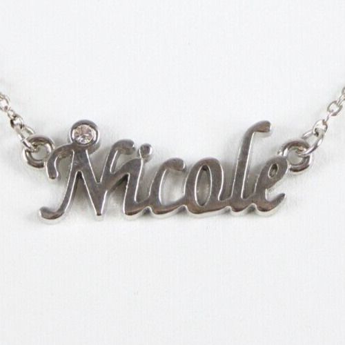 NICOLE Name Silvertone Rhinestone 14.5" w 4.5" Multi Ring Ext Necklace
