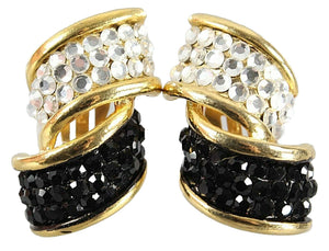 Vintage 1.5" x 1 Black White Goldtone Rhinestone Clip On Earrings