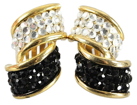 Vintage 1.5" x 1 Black White Goldtone Rhinestone Clip On Earrings