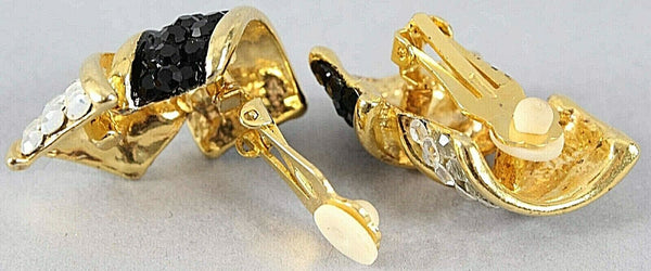 Vintage 1.5" x 1 Black White Goldtone Rhinestone Clip On Earrings