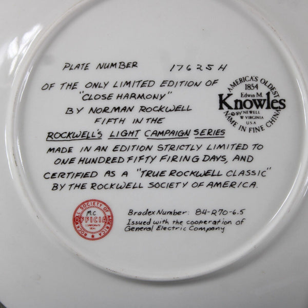Edwin M Knowles 1854 Close Harmony By Norman Rockwell #17625H Plate