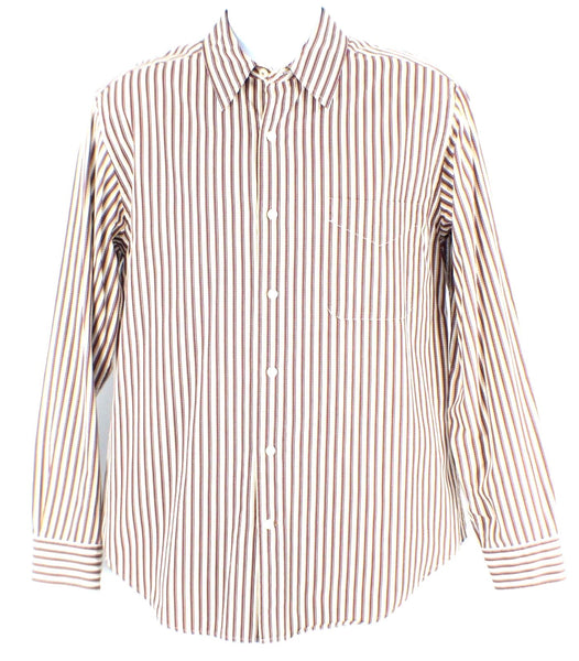 St Johns Bay Sz M Tan Red Blue White Stripe Cotton Shirt