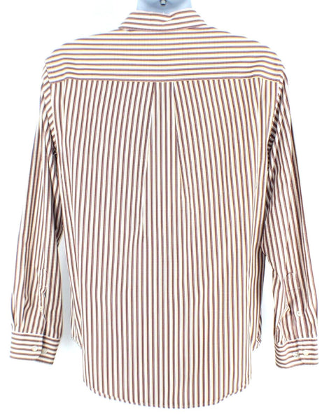 St Johns Bay Sz M Tan Red Blue White Stripe Cotton Shirt