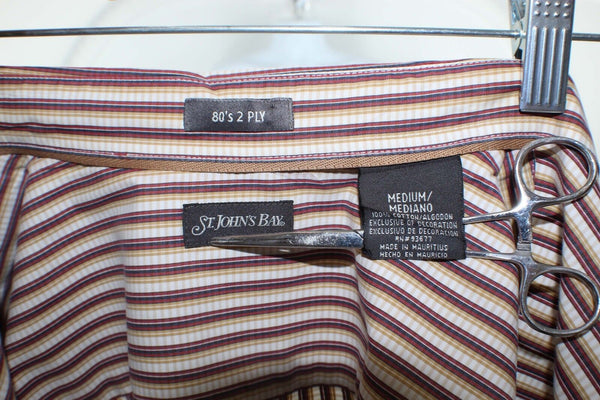 St Johns Bay Sz M Tan Red Blue White Stripe Cotton Shirt