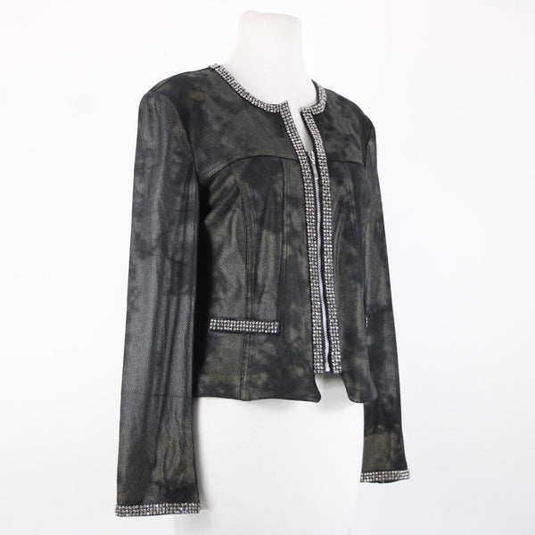 Lena Gabrielle Sz 10 Black Rhinestone Faux Pockets Polyestr Spandex AS IS Jacket