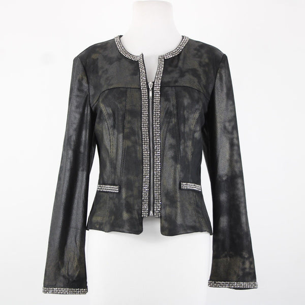 Lena Gabrielle Sz 10 Black Rhinestone Faux Pockets Polyestr Spandex AS IS Jacket