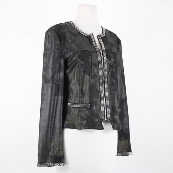 Lena Gabrielle Sz 10 Black Rhinestone Faux Pockets Polyestr Spandex AS IS Jacket