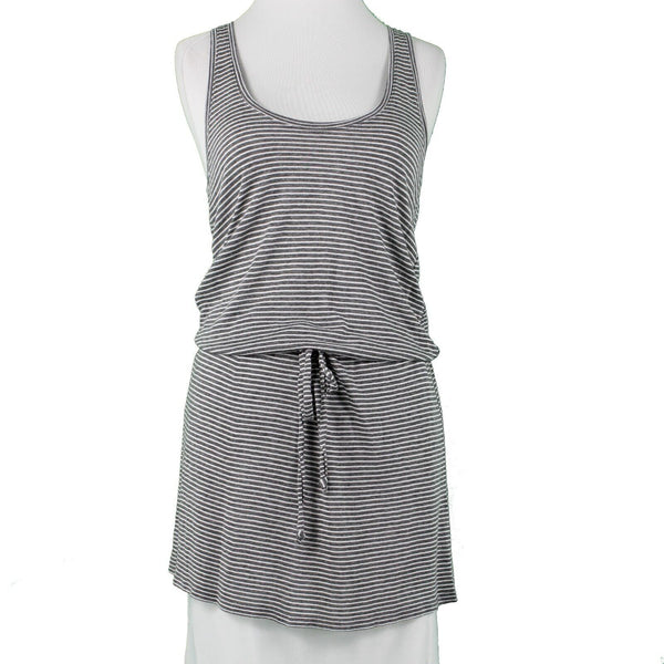 Michael Stars Sz S Gray White Stripes Drawstring Waist Scoop Rayon Knit Dress