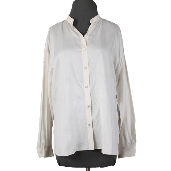 Eileen Fisher Top Sz XXS Cream White Shiny Collared Buttons Peplum 100% Silk Top