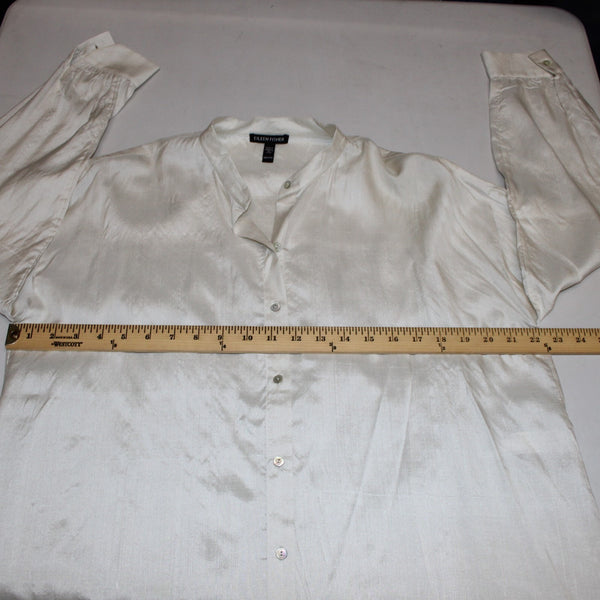 Eileen Fisher Top Sz XXS Cream White Shiny Collared Buttons Peplum 100% Silk Top
