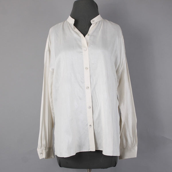 Eileen Fisher Top Sz XXS Cream White Shiny Collared Buttons Peplum 100% Silk Top