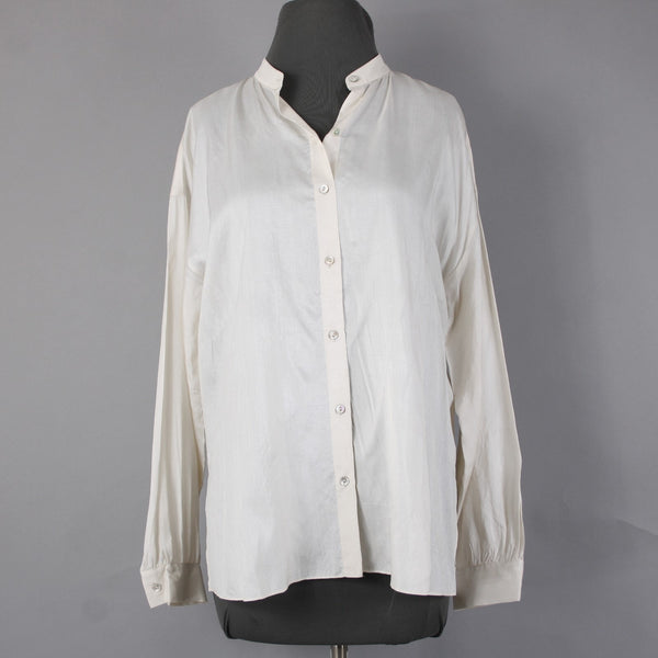 Eileen Fisher Top Sz XXS Cream White Shiny Collared Buttons Peplum 100% Silk Top