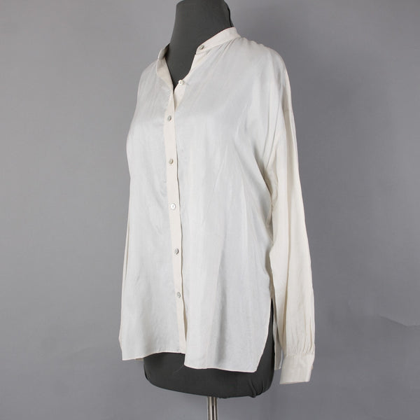 Eileen Fisher Top Sz XXS Cream White Shiny Collared Buttons Peplum 100% Silk Top